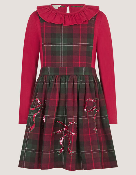 Frill Top & Tartan Pinafore Dress Set, Red (BURGUNDY), large