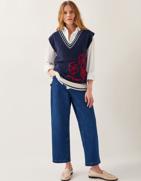 Fay Floral V-Neck Knitted Vest, Blue (NAVY), large