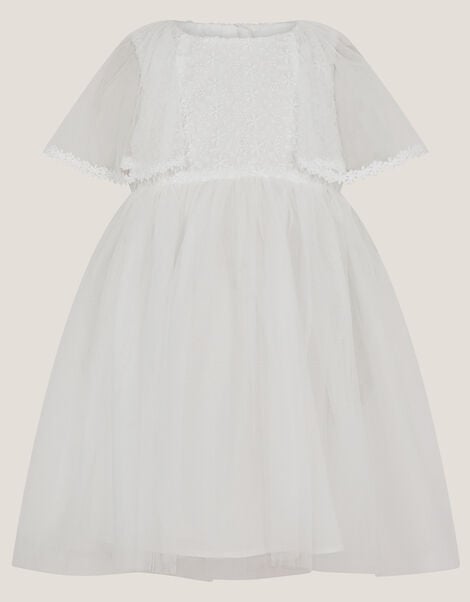 Baby Flutter Sleeve Floral Embroidered Tulle Dress, Ivory (IVORY), large
