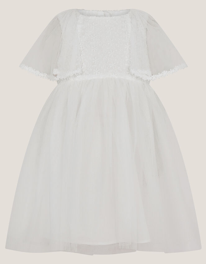 Baby Flutter Sleeve Floral Embroidered Tulle Dress, Ivory (IVORY), large