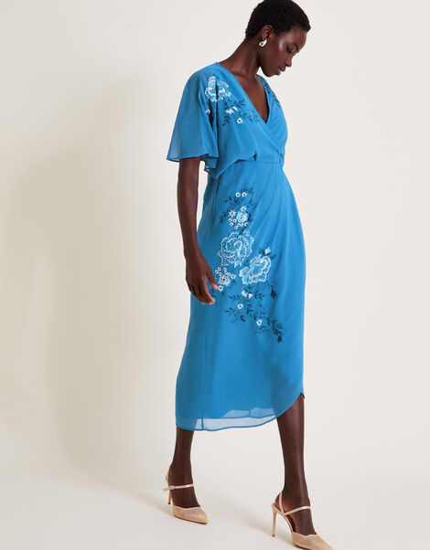 Lyla Floral Embellished Midi Dress, Blue (BLUE), large