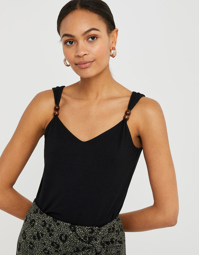 Bea Jersey Cami Top with Beaded Straps, Black (BLACK), large