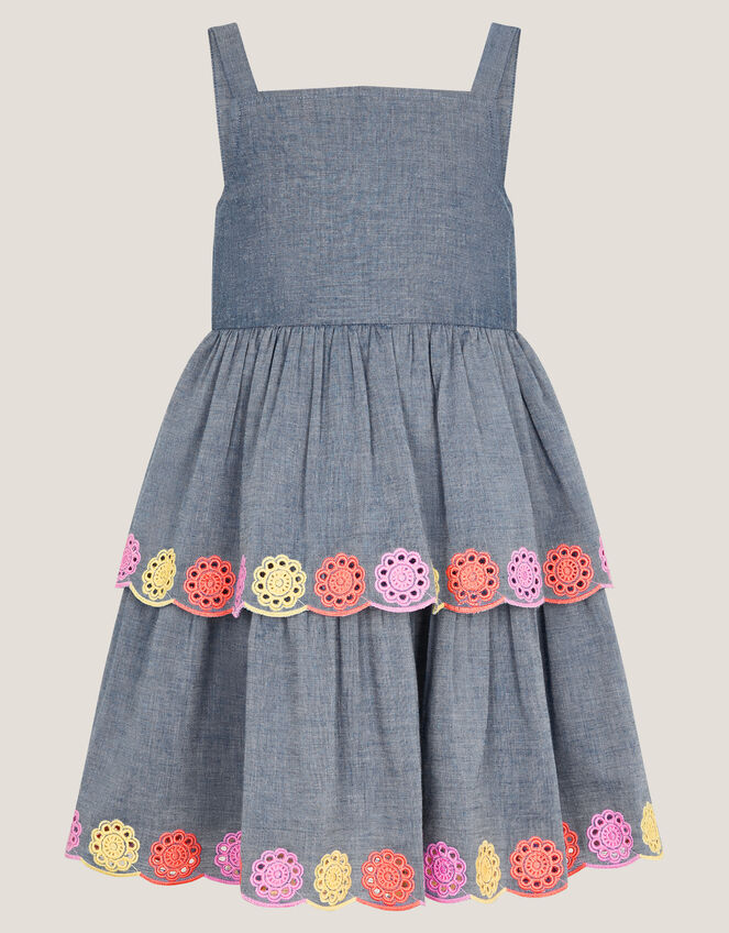 Chambray Broderie Tiered Dress, Blue (BLUE), large