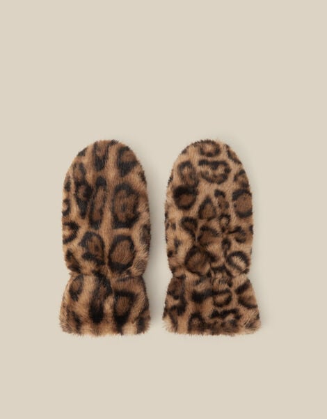 Niya Leopard Print Faux Fur Mittens, , large