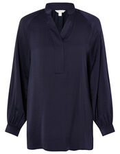 Long Sleeve Satin Blouse, Blue (NAVY), large