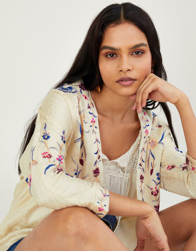 Embroidered Satin Jacquard Kimono , Ivory (IVORY), large