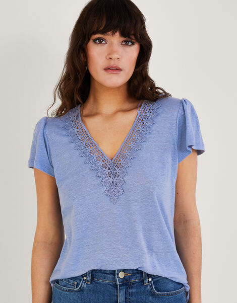 Lace V-Neck Short Sleeve Top in Linen Blend, Blue (BLUE), large