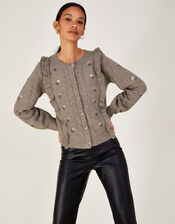 Embroidered Ruffle Cardigan with Recycled Polyester, Camel (OATMEAL), large