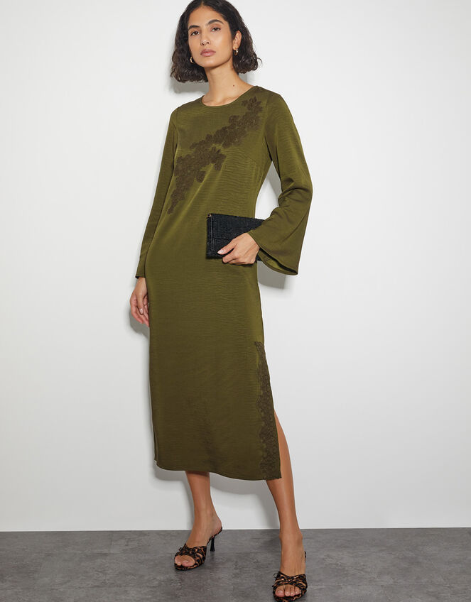 Nyla Lace Long Sleeve Midi Dress, Green (OLIVE), large