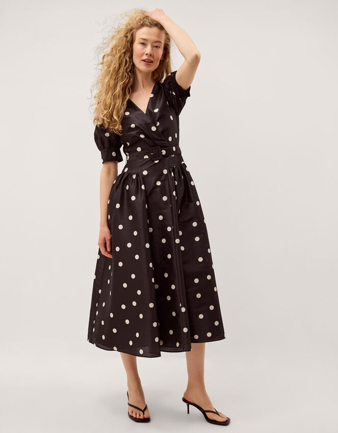 Amara Polka Dot Belted Midi Dress, Black (BLACK), large