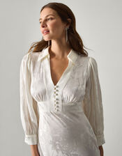 Grace Long Sleeve Satin Bridal Shirt Dress, Ivory (IVORY), large