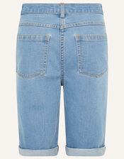 Sequin Flower Longline Denim Shorts , Blue (BLUE), large