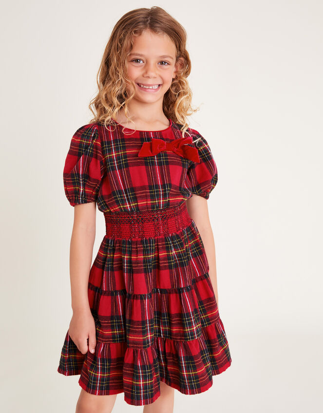 Puff Sleeve Tartan Dress, Red (RED), large