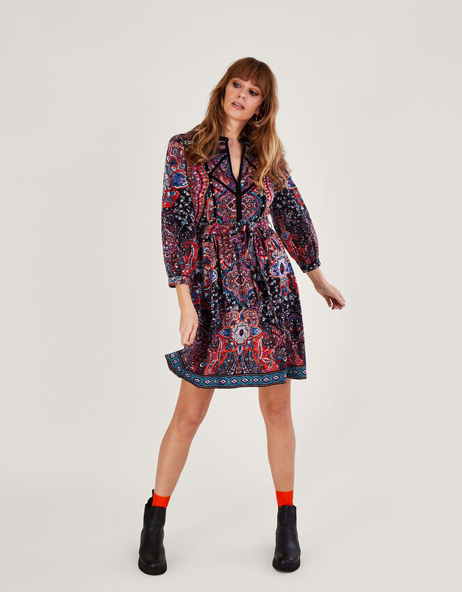 Velvet Trim Printed Short Jersey Dress, Blue (NAVY), large