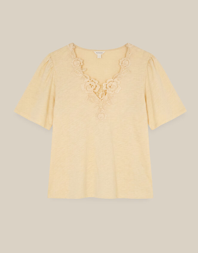 Layla V-Neck Lace Jersey Top, Yellow (BUTTER YELLOW), large