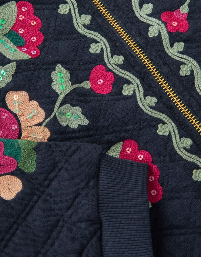 Floral Embroidered Quilted Bomber Jacket, Blue (NAVY), large