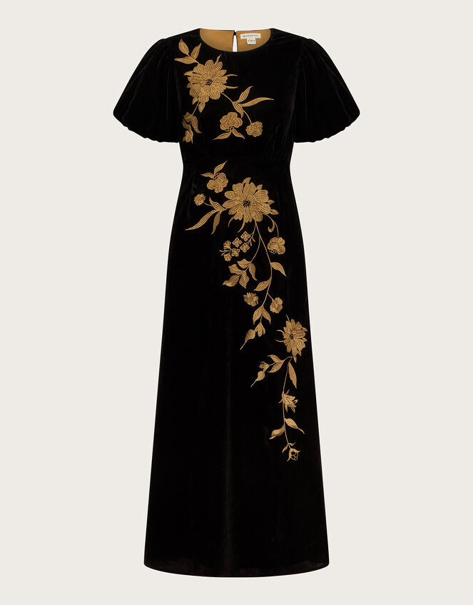 Kendra Embroidered Floral Velvet Midi Dress, Black (BLACK), large