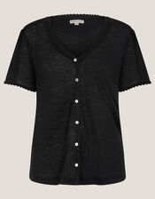 Imogen Button-Front Linen T-Shirt, Black (BLACK), large