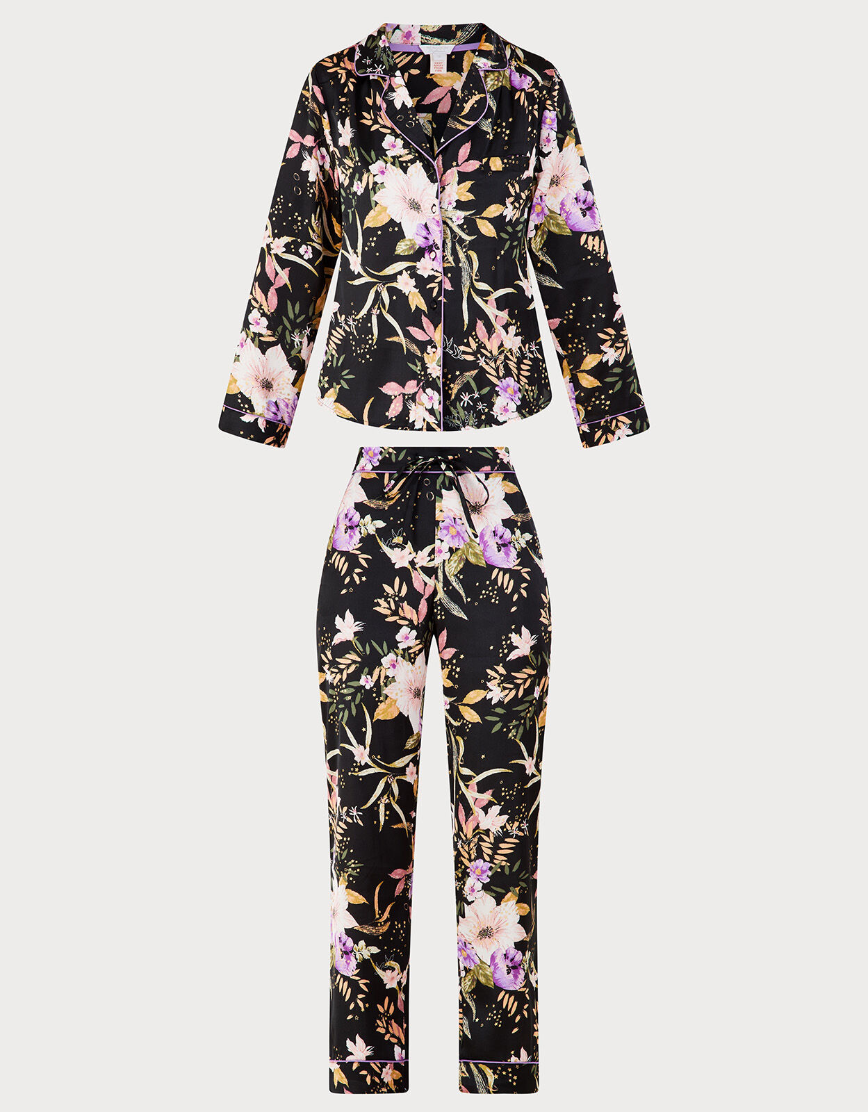 Foil Floral Print Satin Pyjama Set Black