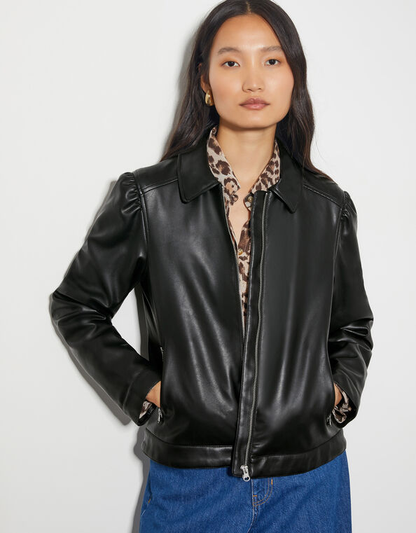 Bella Faux Leather Bomber Jacket , Black (BLACK), large