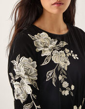 Fia Floral Embroidered Velvet Tunic Dress, Black (BLACK), large