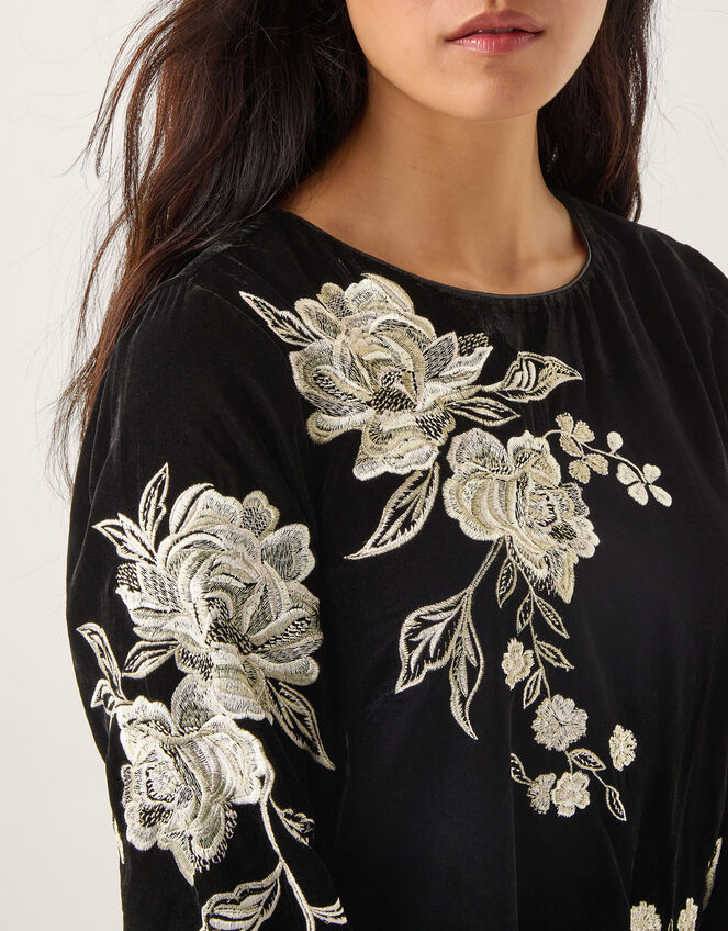 Fia Floral Embroidered Velvet Tunic Dress, Black (BLACK), large
