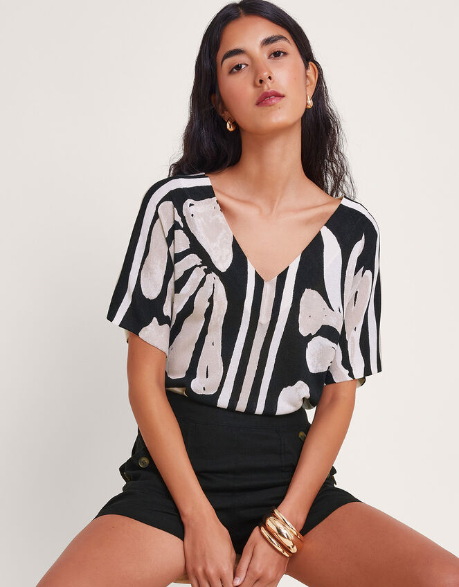 Palm Print Knit Top, Black (BLACK), large