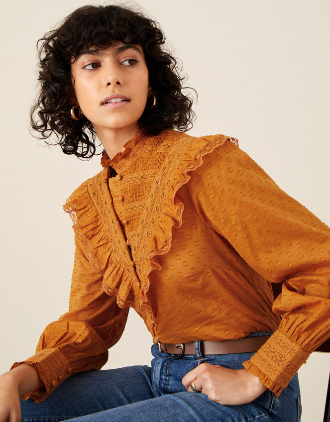 Victoriana Dobby Frill Blouse , Yellow (OCHRE), large