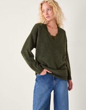Leanne Lace V-Neck Sweater, Green (KHAKI), large