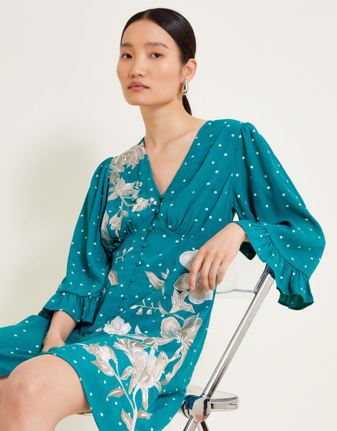 Clea Polka Dot Embroidered Dress, Teal (TEAL), large