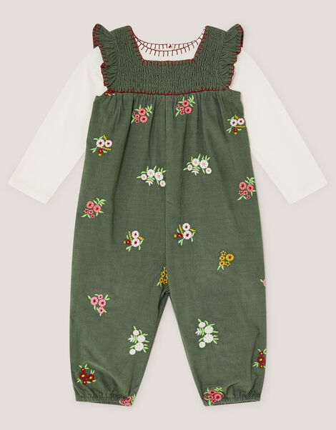 Long Sleeve Top & Floral Corduroy Dungarees Set, Green (GREEN), large