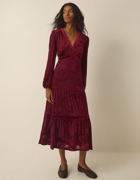 Dolly V-Neck Floral Devor&eacute; Jersey Midi Dress, Red (BURGUNDY), large