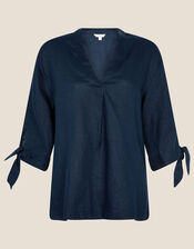 Tie Cuff Linen Tee, Blue (NAVY), large