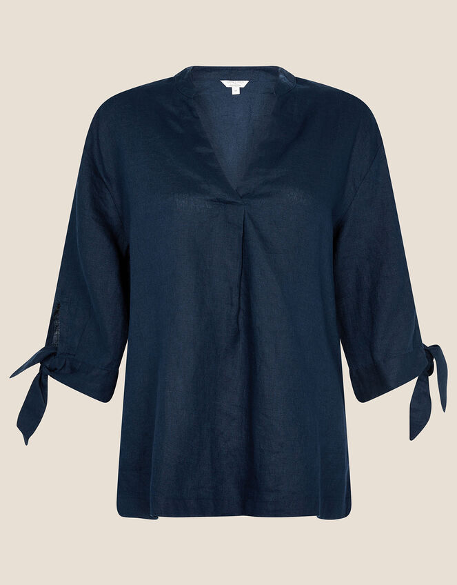 Tie Cuff Linen Tee, Blue (NAVY), large