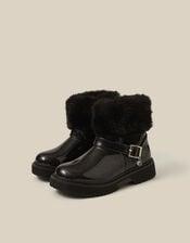 Faux Fur Glitter Patent Boots, Black (BLACK), large