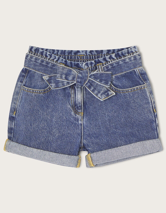 Belted Turn Up Denim Shorts , Blue (BLUE), large