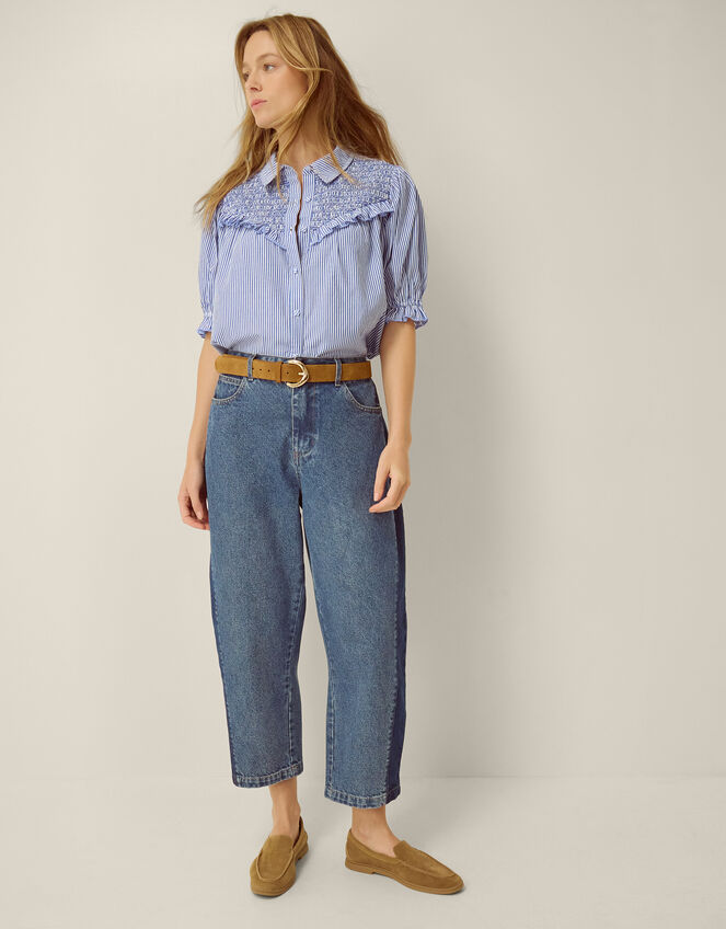 Laney Smocked Stripe Blouse, Blue (BLUE), large