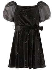 Puff Sleeve Sparkle Velvet Dress, Black (BLACK), large