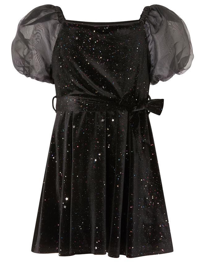 Puff Sleeve Sparkle Velvet Dress, Black (BLACK), large