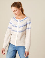 Fair Isle Print Cardigan with Recycled Fabric, Natural (NATURAL), large