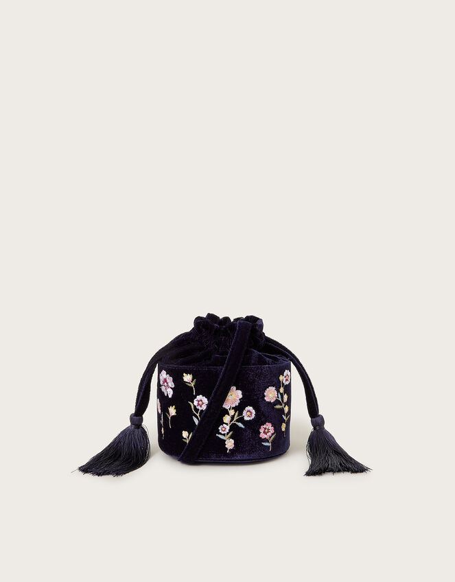 Embroidered Velvet Tassel Bucket Bag, , large