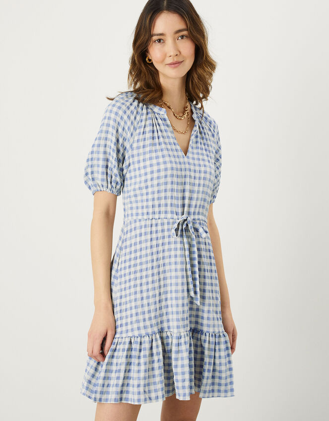 Gingham V-Neck Short Dress , Blue (BLUE), large