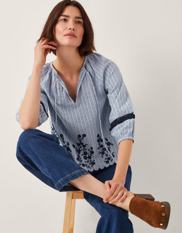 Cara Embroidered Stripe Blouse, Blue (BLUE), large