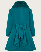 Double Breasted Skirted Coat with Faux Fur Collar, Teal (TEAL), large