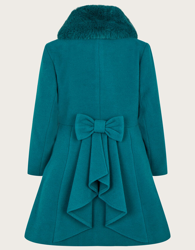 Double Breasted Skirted Coat with Removable Fur Collar, Teal (TEAL), large