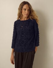 Chrissy Bell Sleeve Textured Fringe Top, Blue (NAVY), large