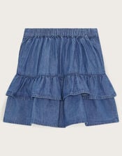 Chambray Embroidered Ruffle Skirt, Blue (BLUE), large
