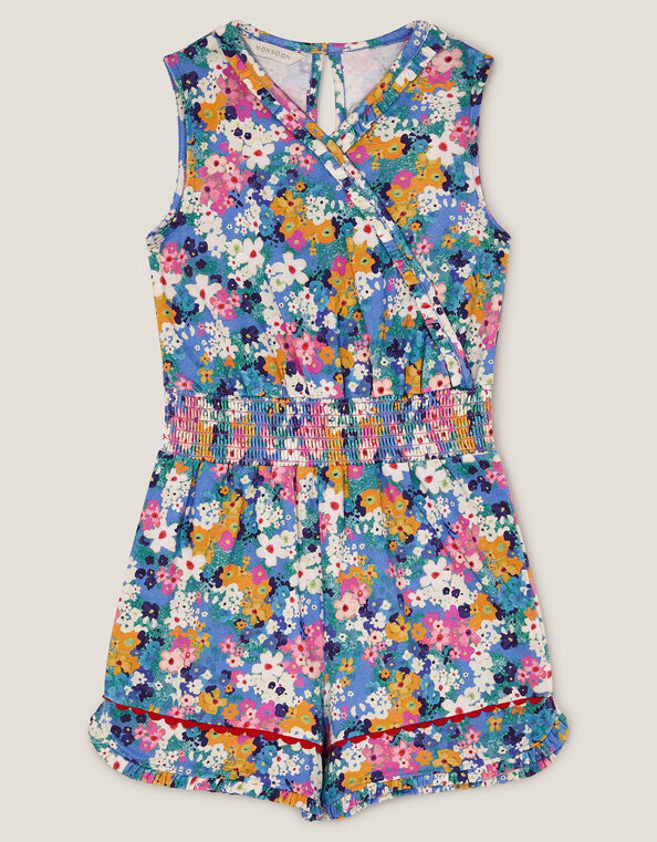 Floral Print Sleeveless Romper, Blue (BLUE), large
