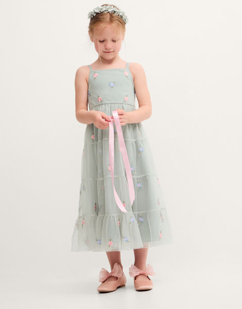 Luna Floral Embroidered Mesh Party Dress, Green (SAGE), large