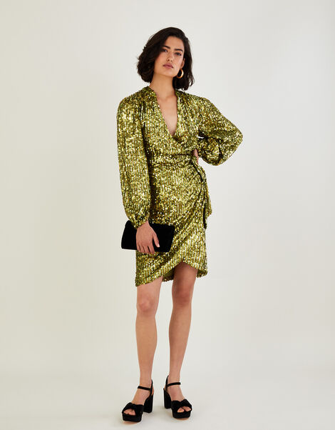 Jessica Sequin Wrap Dress in Recycled Polyester Gold, Gold (GOLD), large